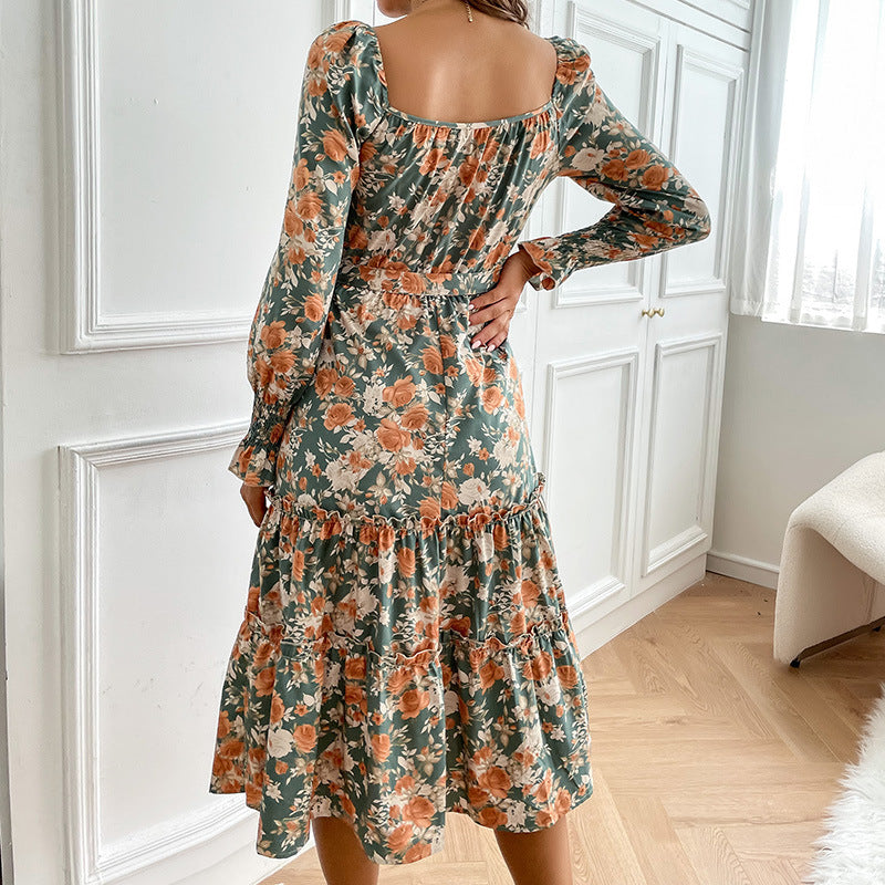 Women's midi dress with square neckline, puff sleeves, and waist lacing Chichicherry