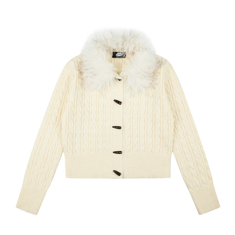 Women's Short Cable Knit Cardigan with Removable Faux Fur Collar and Toggle Button Closure Chichicherry