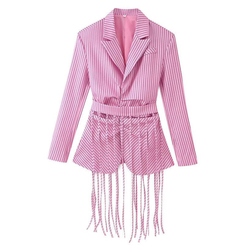 Women's tailored blazer with fringe hem and pinstripes Chichicherry