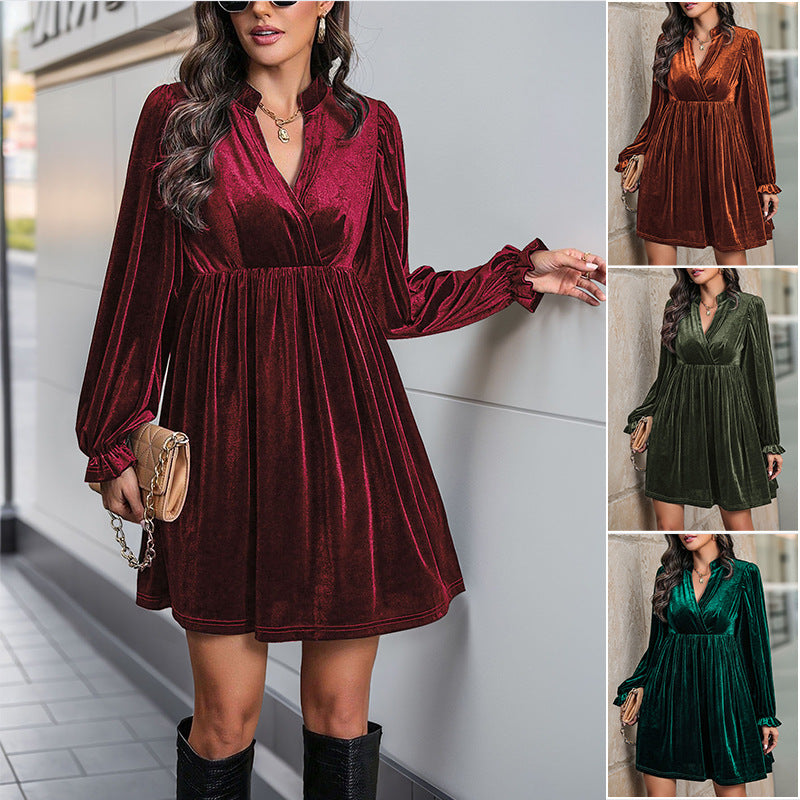 Women's Festive Velvet Mini Dress with Wrap V-Neck, Tailored Gathering and Voluminous Balloon Sleeves Chichicherry