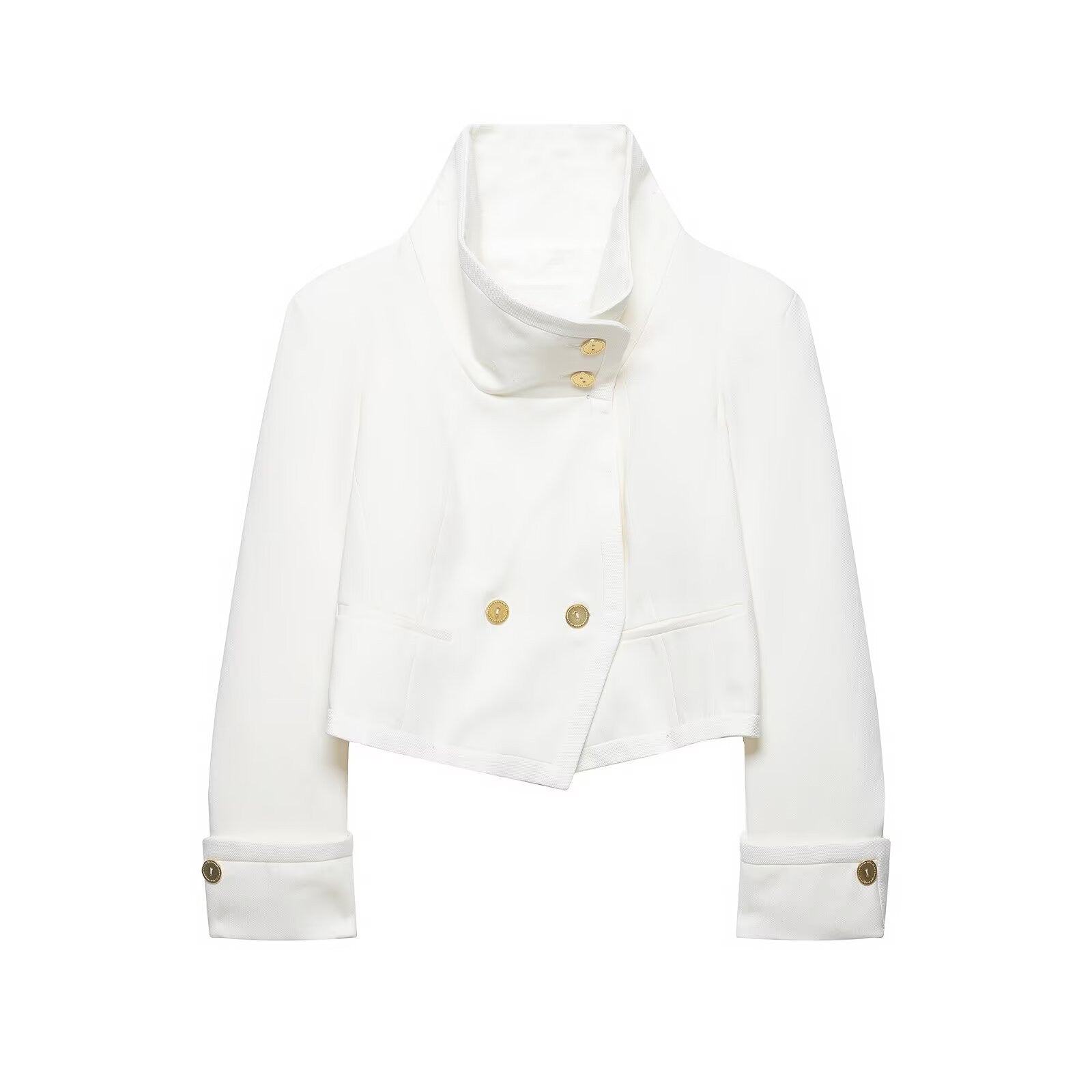 Women's Cropped Blazer with High Stand Collar, Double-Breasted Button Placket and Decorative Cuffs Chichicherry