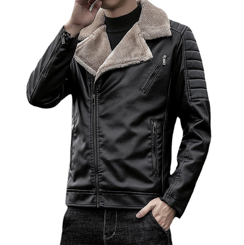 Men's Faux Leather Biker Jacket with Teddy Fur Lining and Quilted Sleeve Detail Chichicherry