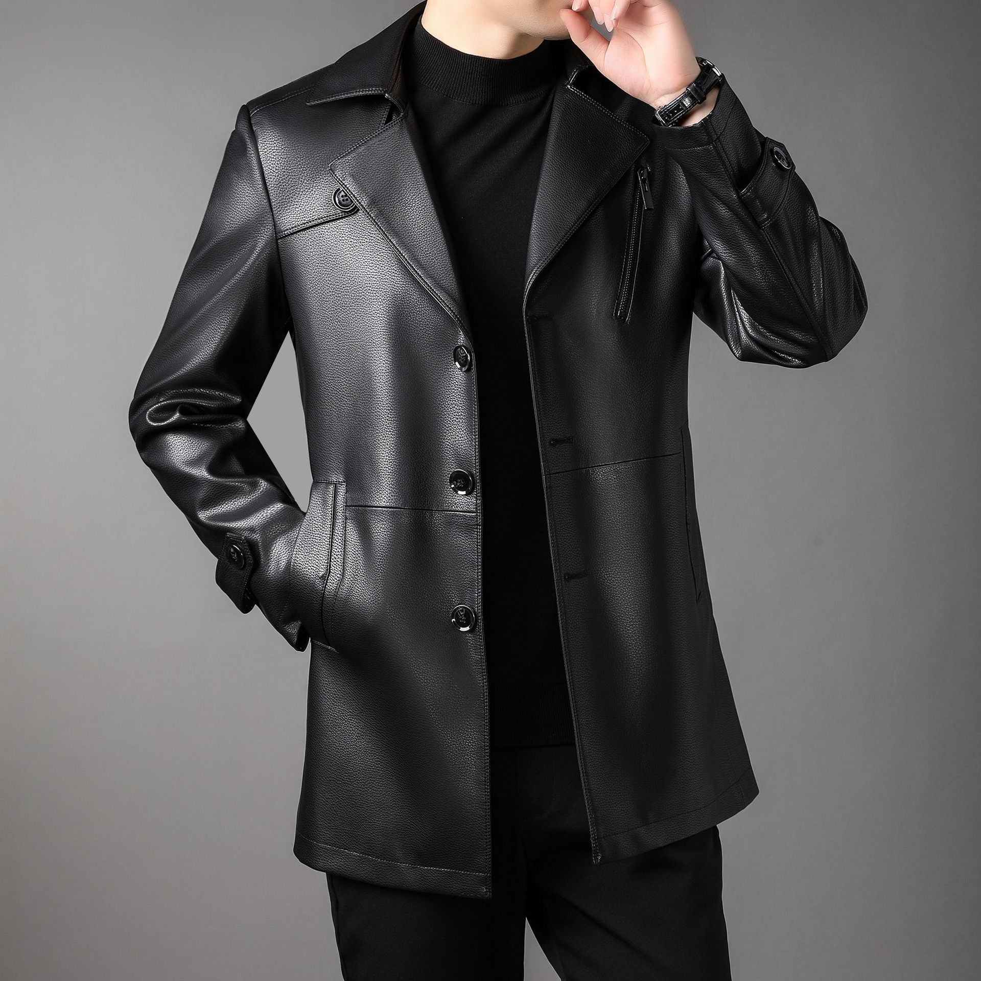 Men's long leather coat with lapel collar and chest zip Chichicherry