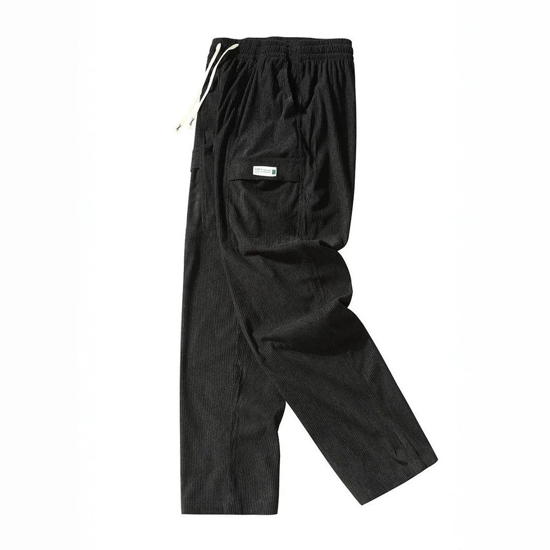 Men's Wide Cord Cargo Pants with Drawstring Waist, Flap Pockets & Ribbed Texture Chichicherry