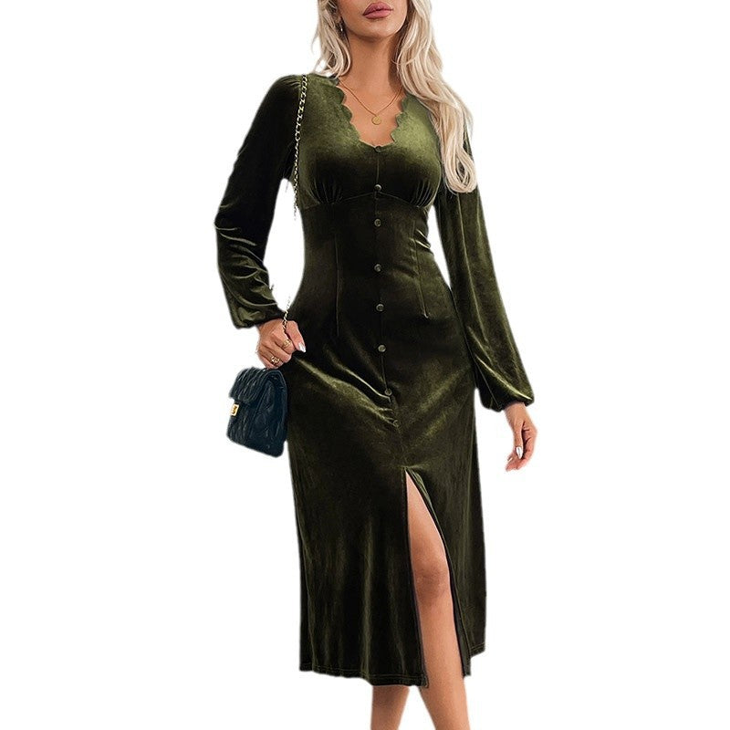 Women's velvet midi dress with fitted cut, curved neckline, puff sleeves & decorative button placket.