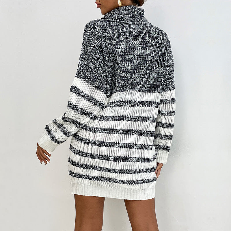 Women's Striped Turtleneck Knit Dress with Tailored Silhouette Chichicherry