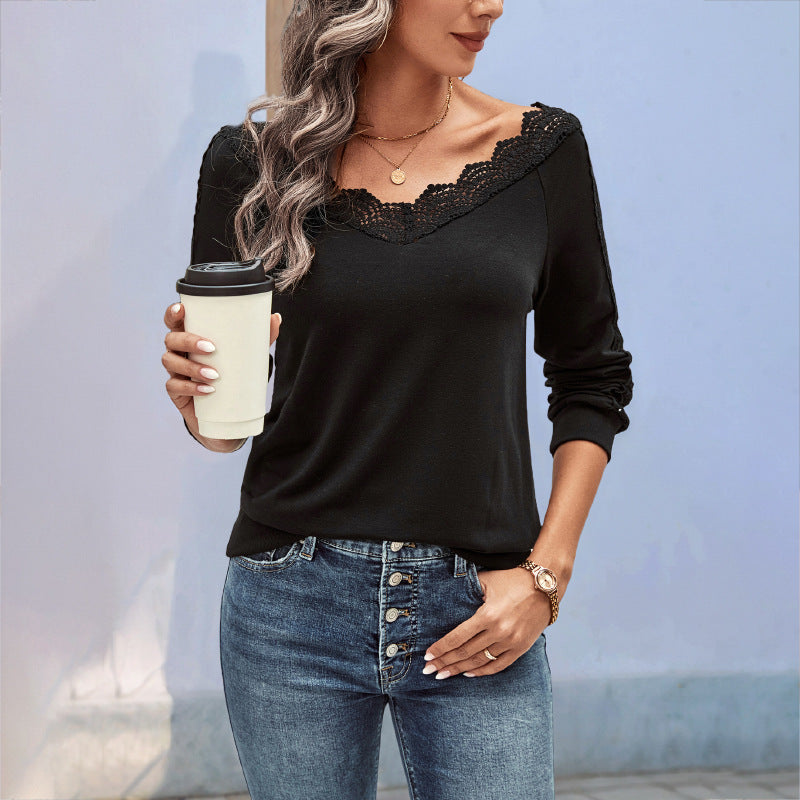 Women's fine knit long sleeve with lace V-neck and lace trim on the sleeves Chichicherry