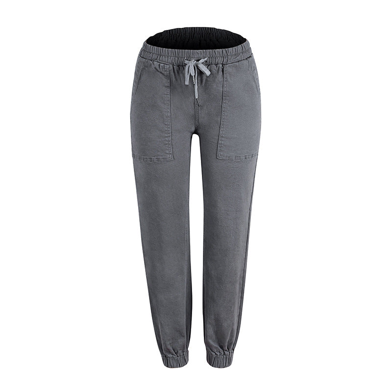 Women's denim jogger pants with cargo pockets and elastic drawstring waistband Chichicherry