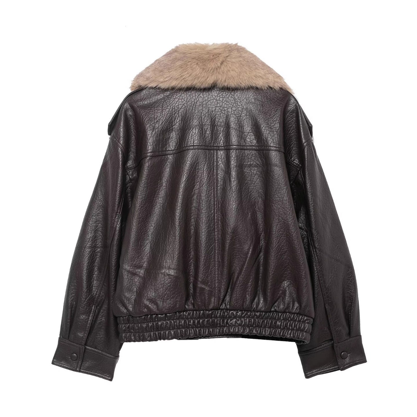 Women short-cut leather imitation bomber jacket with voluminous fur collar Chichicherry