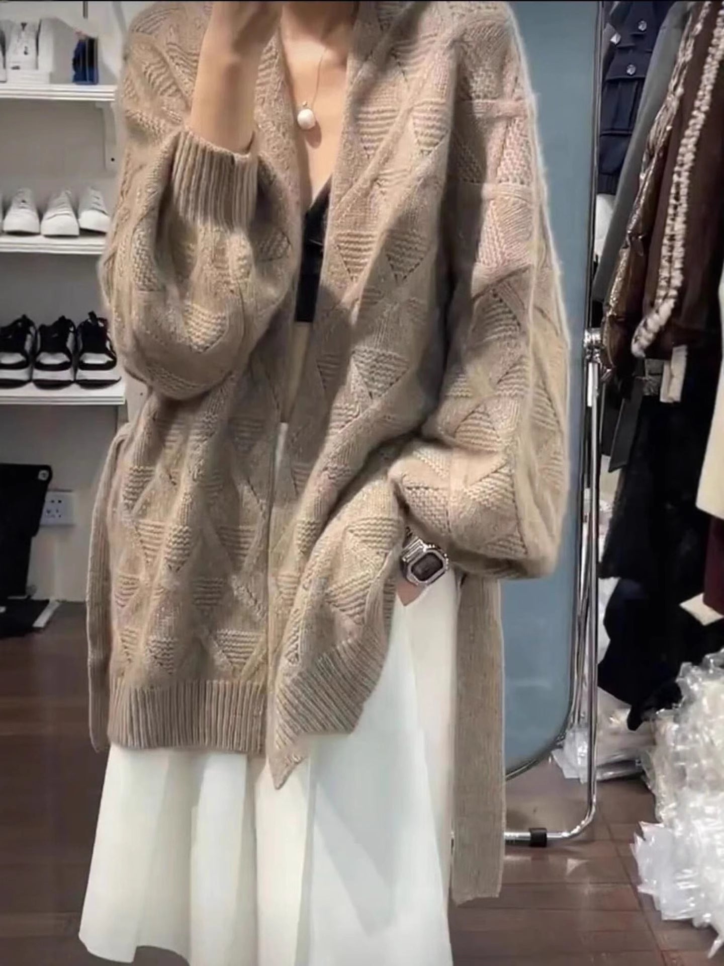 Women's Oversized Cardigan in Mohair Look with Cable Pattern Chichicherry