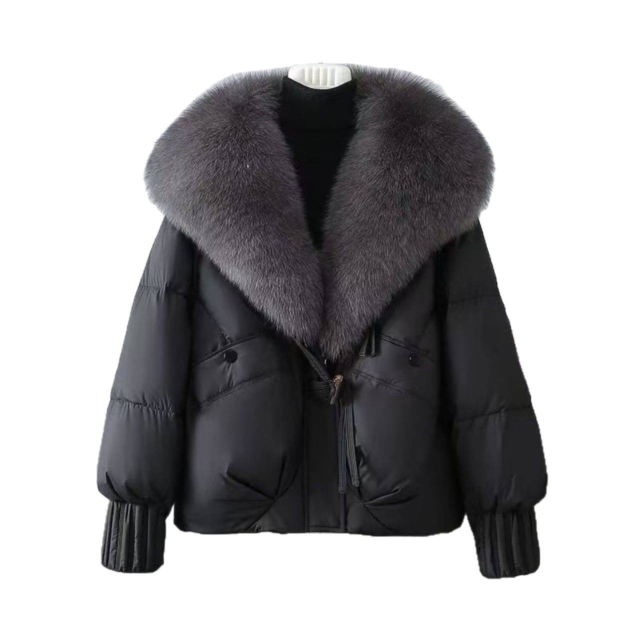 Women nan short padded jacket with voluminous faux fur collar and waist draw Chichicherry