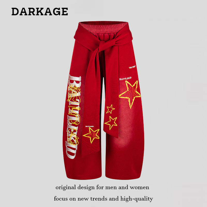 Ladies Wide Palazzo Culotte Pants with Integrated Tie Belt and Star Graphic Chichicherry