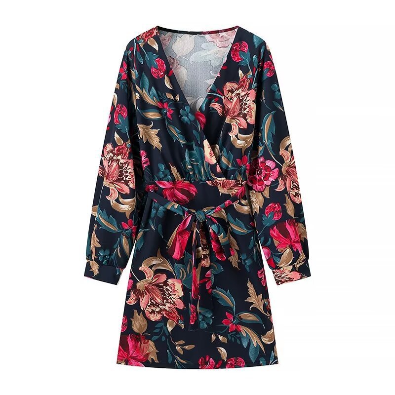 Women’s Wrap Mini Dress with Allover Floral Print, V-Neck and Waistband Chichicherry