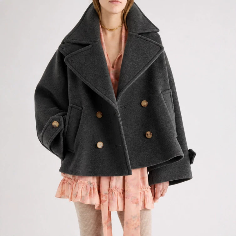 Women's Short Cut Oversized Peacoat made of Wool Blend with Wide Lapel Chichicherry