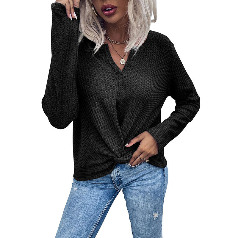 Women Waffle Knit Long Sleeve with V-neck and Knot Front Chichicherry