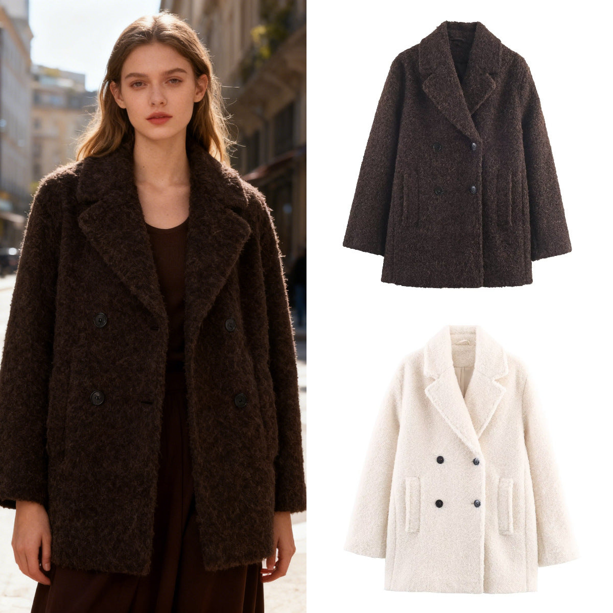 Ladies Double-Breasted Teddy Coat with Shawl Collar and Patch Pockets Chichicherry