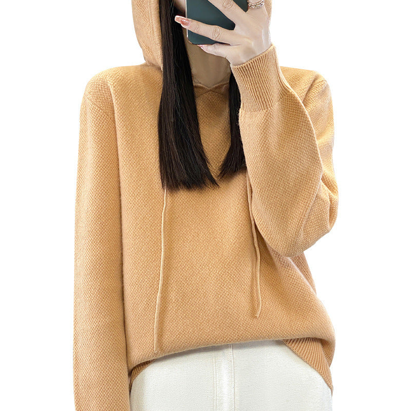 Women soft fine-knit hooded sweater with mottled texture and ribbed cuffs Chichicherry