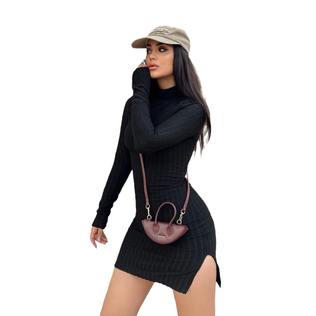 Damen Enganliegendes Rippstrick-Minikleid mit Rollkragen und langen Ärmeln Chichicherry