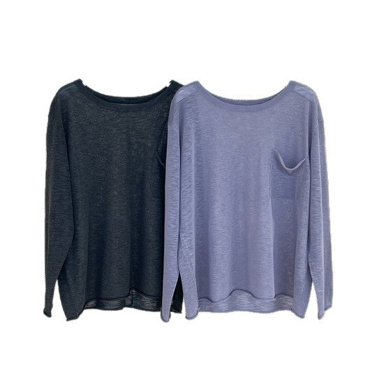 Ladies Wide Lightweight Fine Knit Long Sleeve with Chest Pocket and Round Neckline Chichicherry