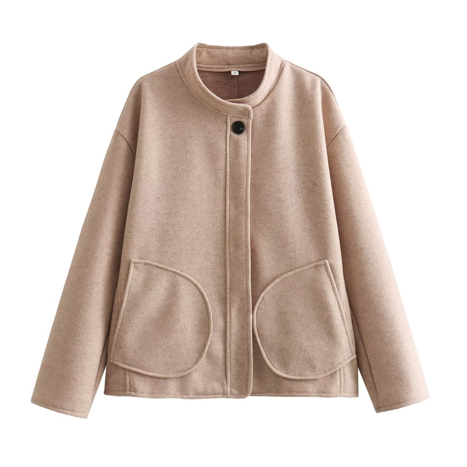 Ladies' short jacket in wool blend with round neck, oversized fit and large patch pockets Chichicherry
