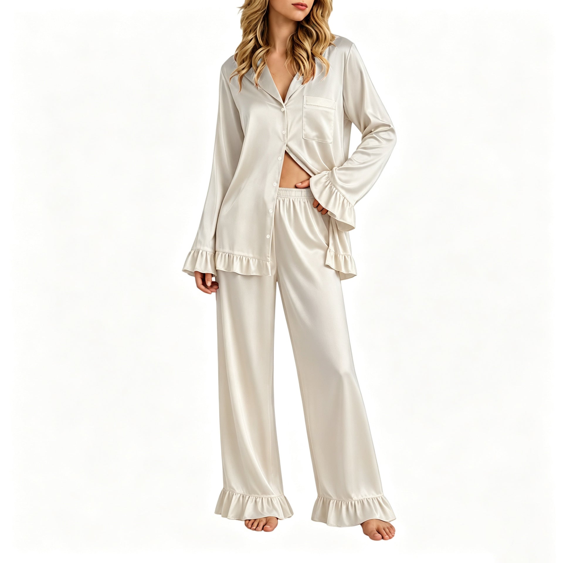 Women's satin pajama set with button shirt, wide palazzo pants and ruffle hem drape
