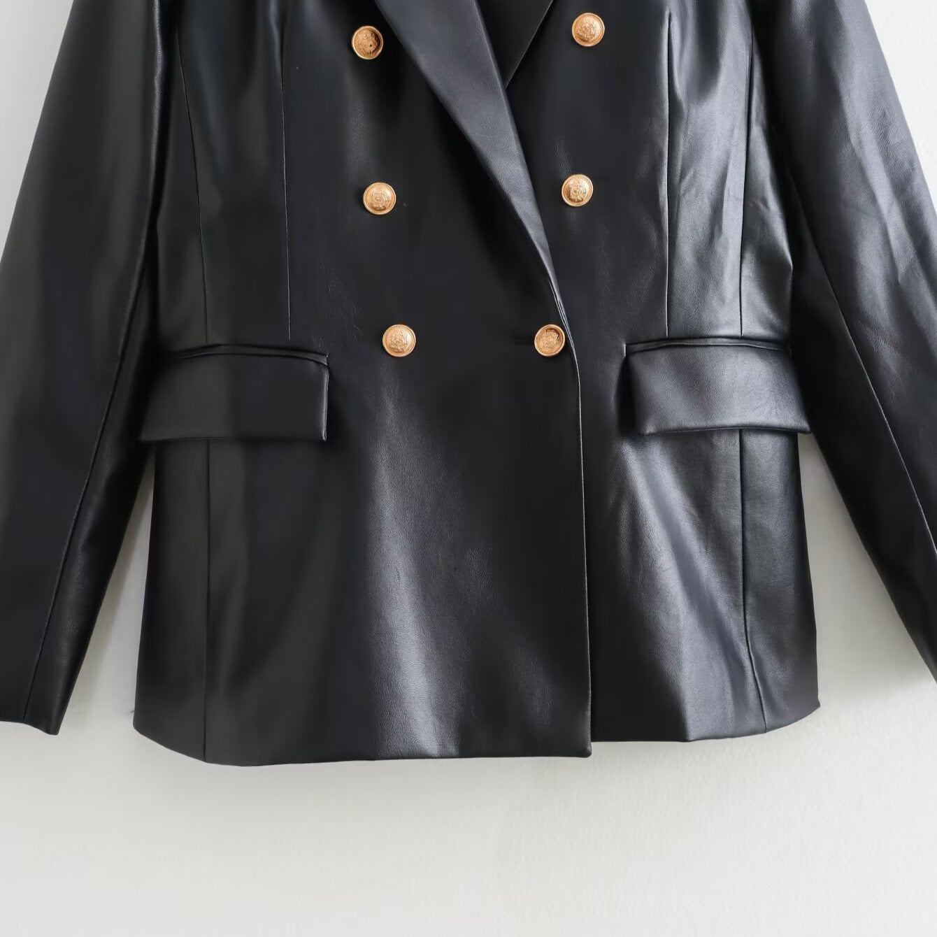 Women's Double-Breasted Faux Leather Blazer with Gold Decorative Buttons and Flap Pockets Chichicherry