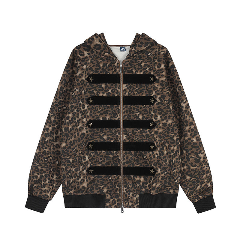 Women's hooded sweat jacket with leopard pattern, velour stripes and star studs Chichicherry