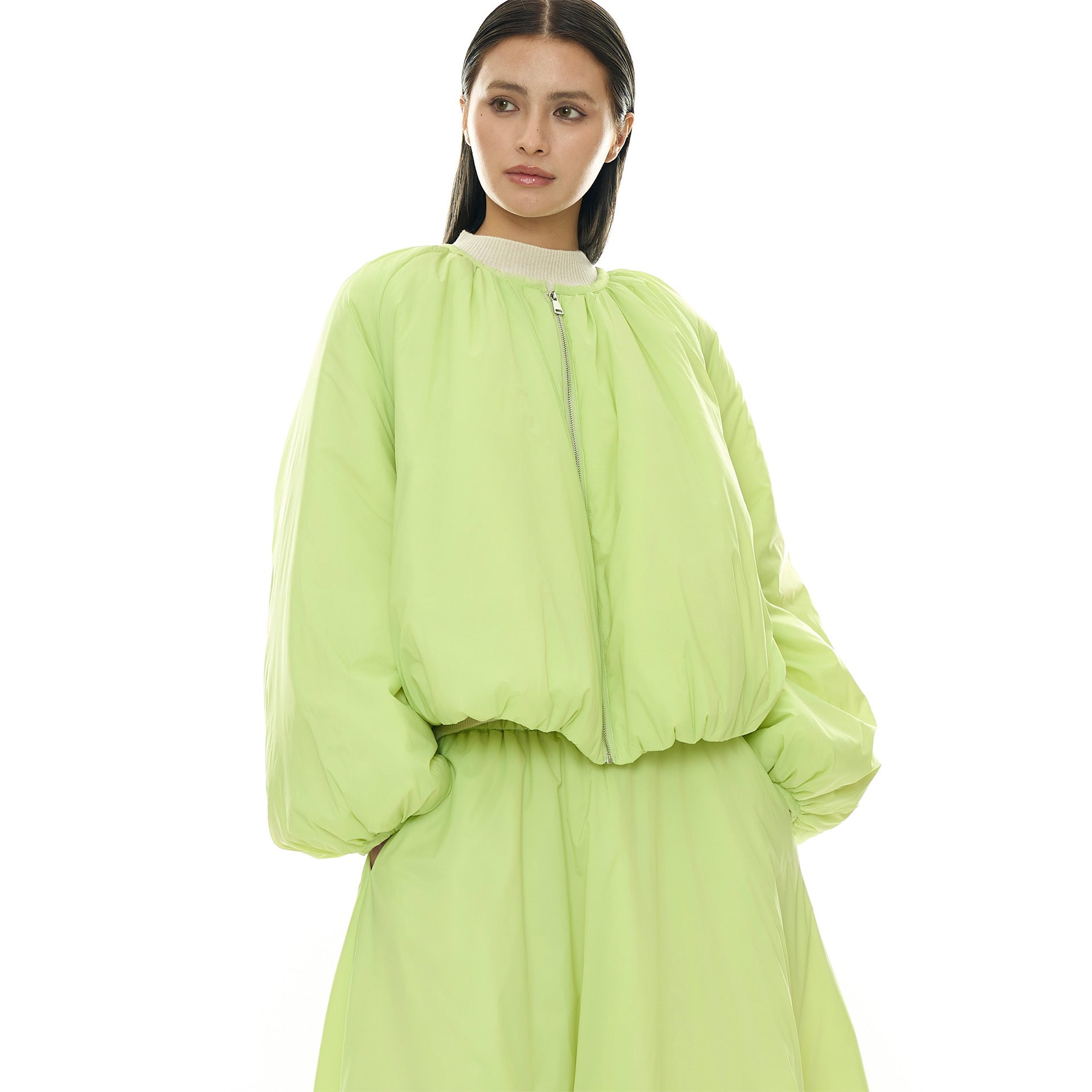 Women's Voluminous Bomber Jacket in Cape Style with Balloon Sleeves and Drawstring Chichicherry