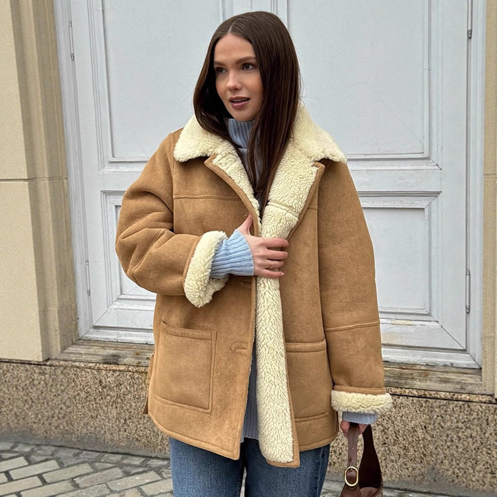 Women's Boxy Lambskin Look Coat with Folded Teddy Collar Chichicherry
