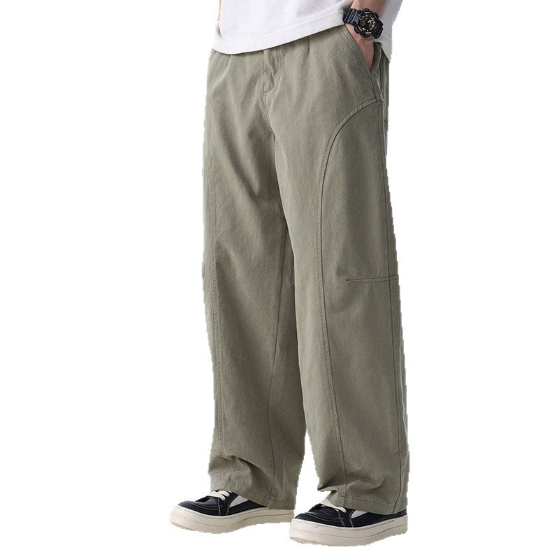 Men's Loose-Fitting Utility Pants with Wide Legs, Distinctive Decorative Stitching, and Elastic Waistband Chichicherry
