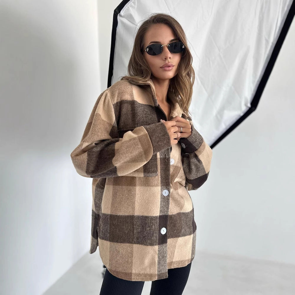 Damen Karierter Overshirt im Shacket-Stil mit Saumtaschen und Knopfverschluss Chichicherry