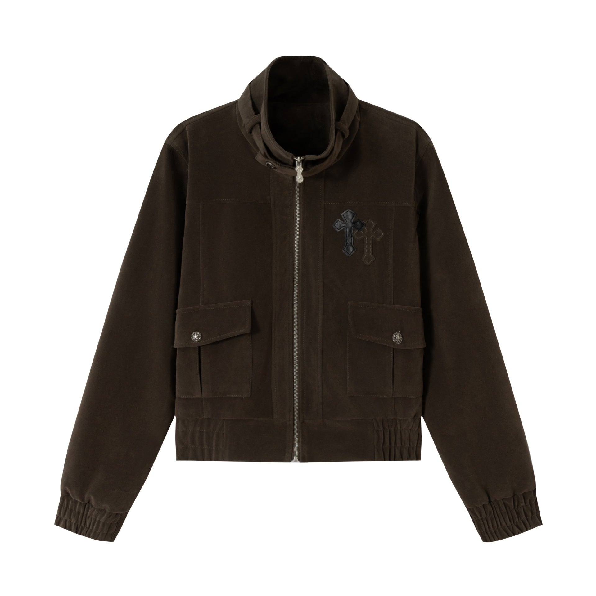 Men's short jacket in suede look with funnel collar, cargo patch pockets and decorative cross application Chichicherry