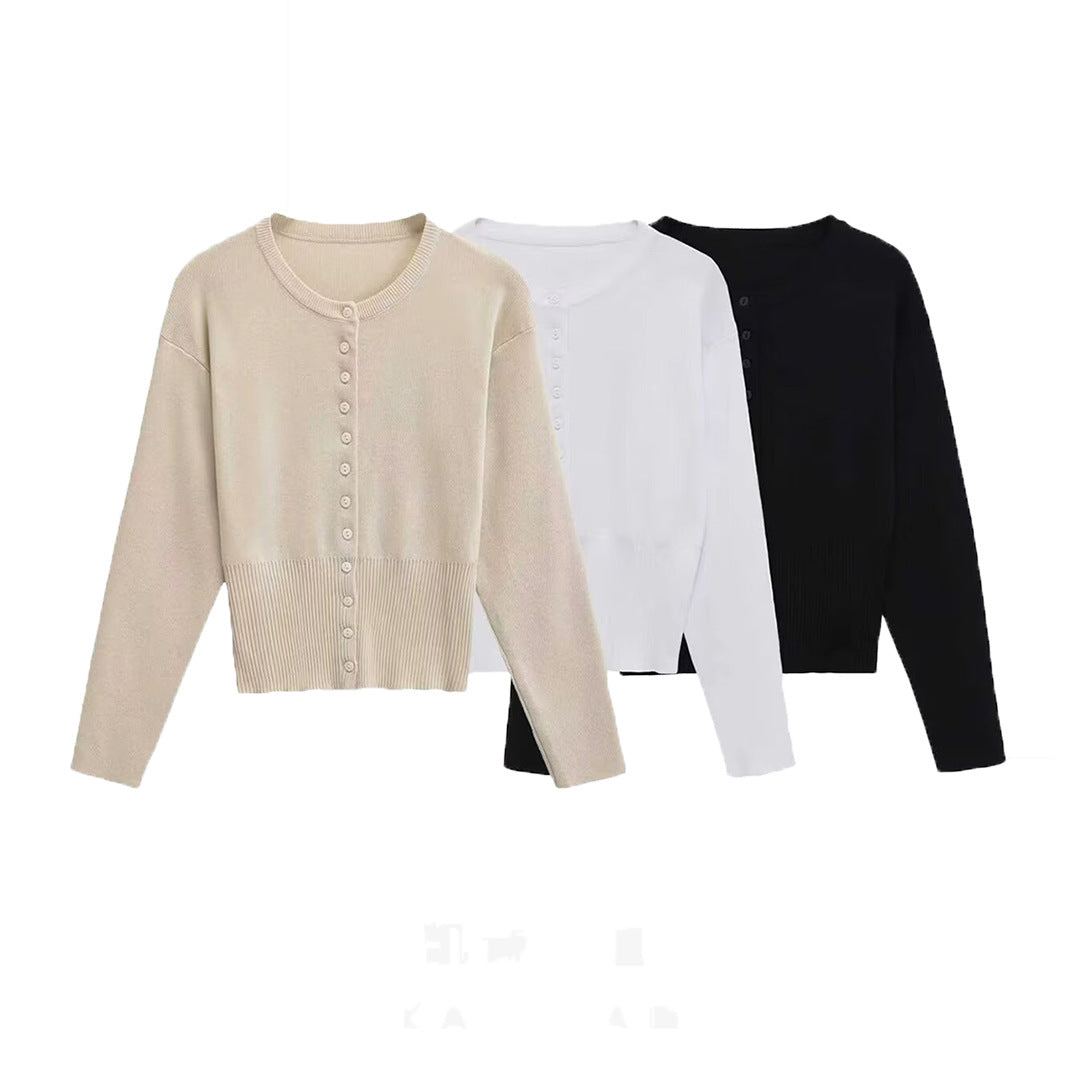 Women's Short Fine Knit Cardigan with Tailored Ribbed Waistband and Continuous Button Placket Chichicherry