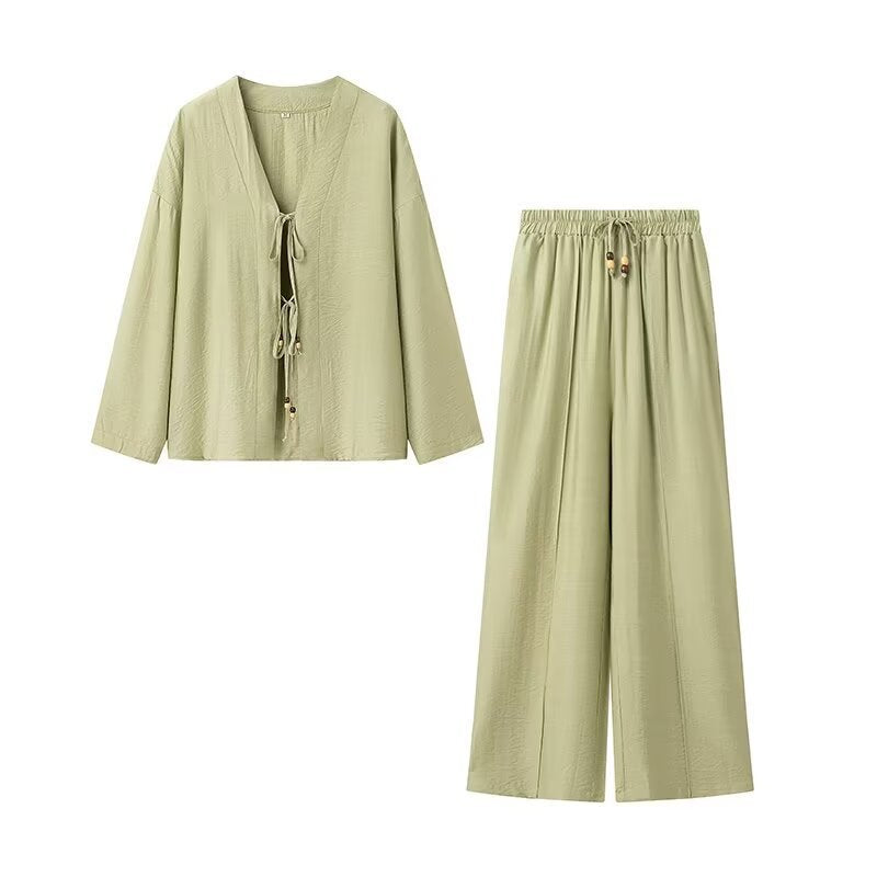 Women Two-Piece Lightweight Lounge Set with V-Neck, Drawstring Pants and Wide Leg Chichicherry