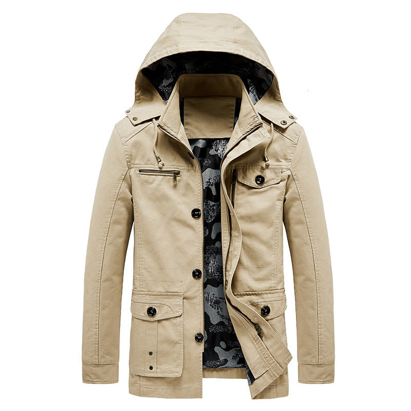 Men's Hooded Canvas Field Jacket with Camouflage Lining, Multifunctional Pockets and Zipper Button Placket Chichicherry
