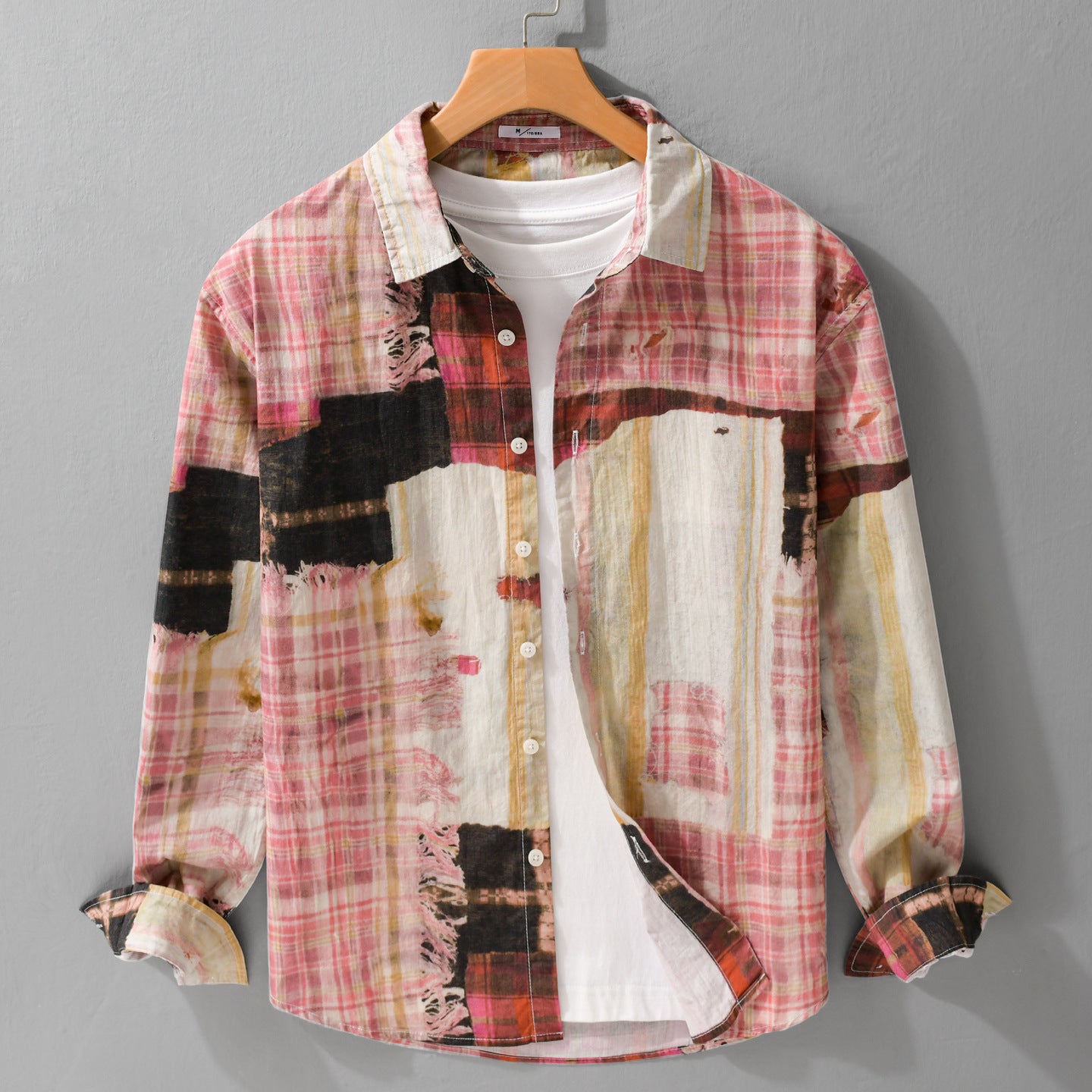 Men's Relaxed Patchwork-Check Shirt Jacket with Frayed Edges and Crinkle Finish Chichicherry