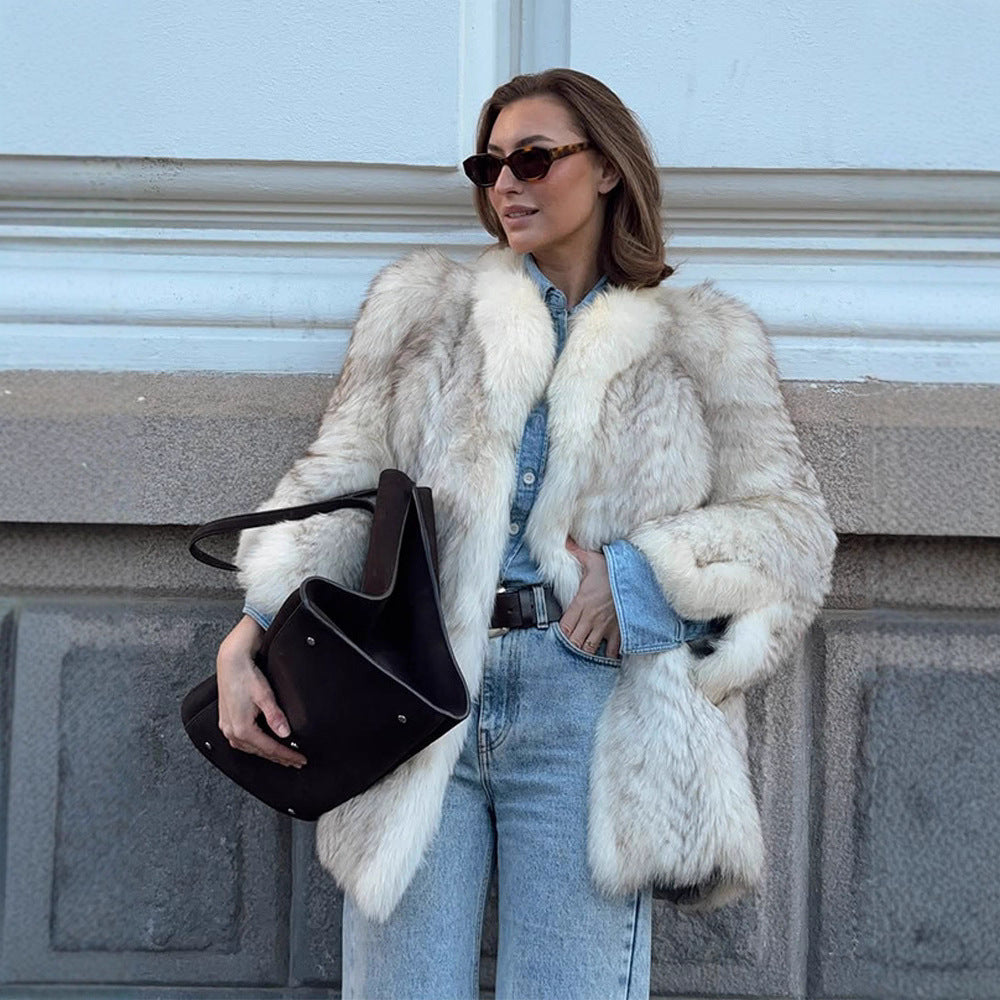 Women's Boxy Faux Fur Jacket with Textured Shag Look and Voluminous Shawl Collar Chichicherry