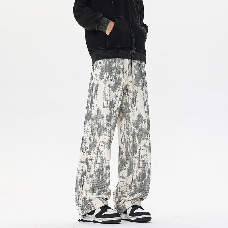 Men's Wide Cut Lounge Pants with Abstract Allover Print, Elastic Waistband and Drawstring Chichicherry