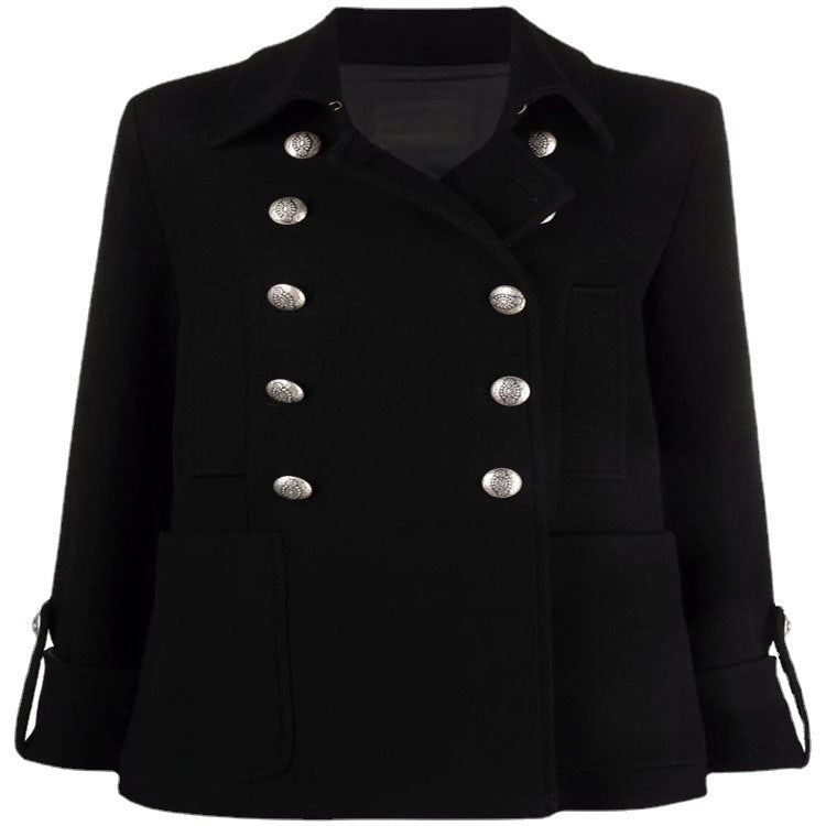 Women's Short Boxy Wool Blend Coat in Military Look with Decorative Round Buttons Chichicherry