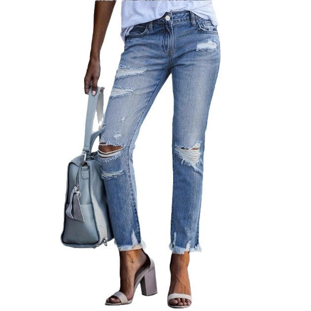 Ladies Casual Cropped Jeans with Distressed Destroy Design, High Waist and Asymmetrical Fringed Hem Chichicherry