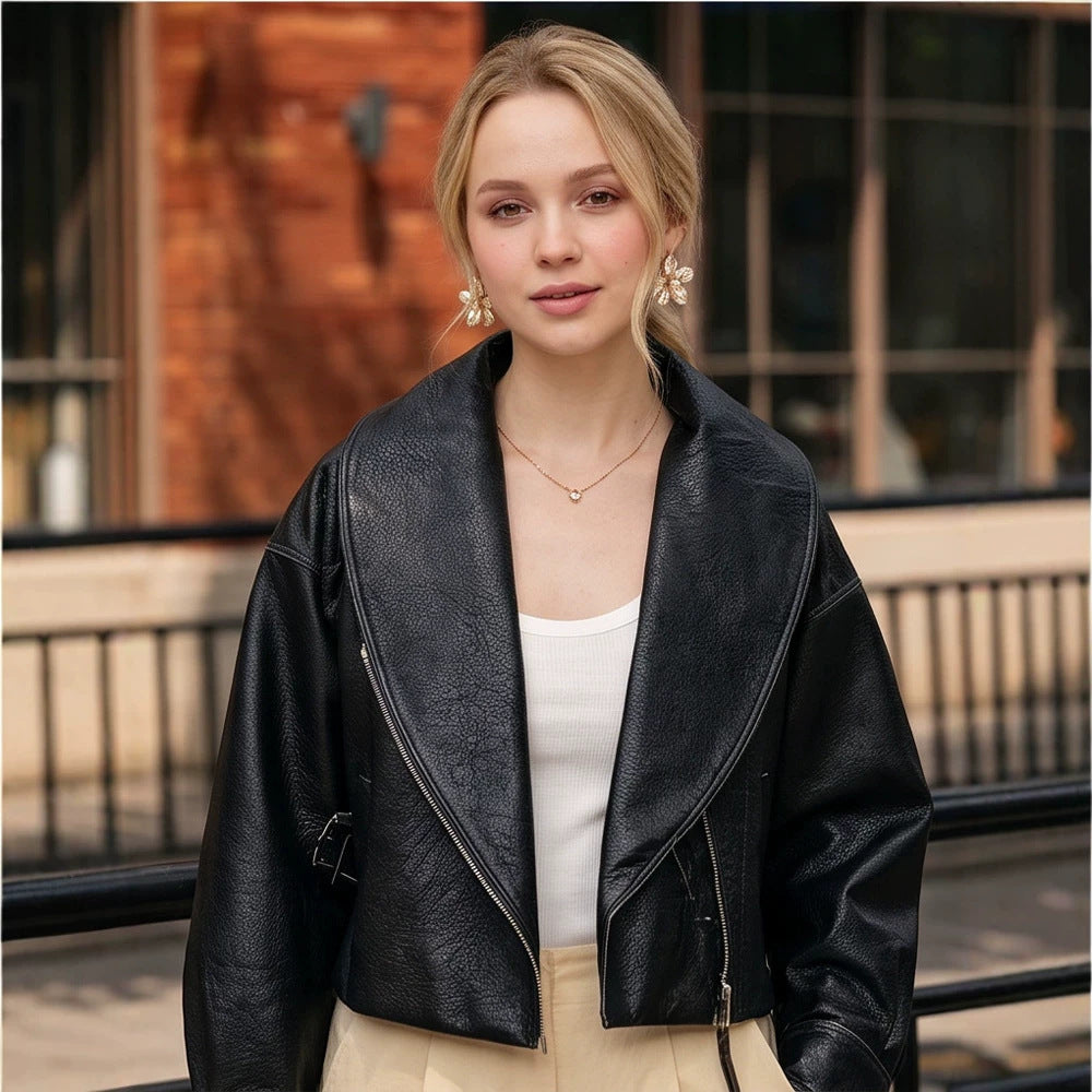 Women's Cropped Biker Jacket made of Faux Leather with Wide Shawl Collar and Asymmetrical Zipper Chichicherry