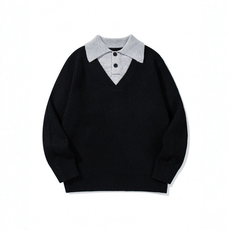 Unisex chunky knit boxy sweater with V-neck and contrasting polo button collar Chichicherry
