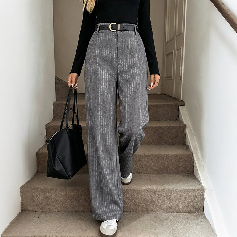 Women Wide Pinstripe Trousers with High Waist and Wide Leg Chichicherry