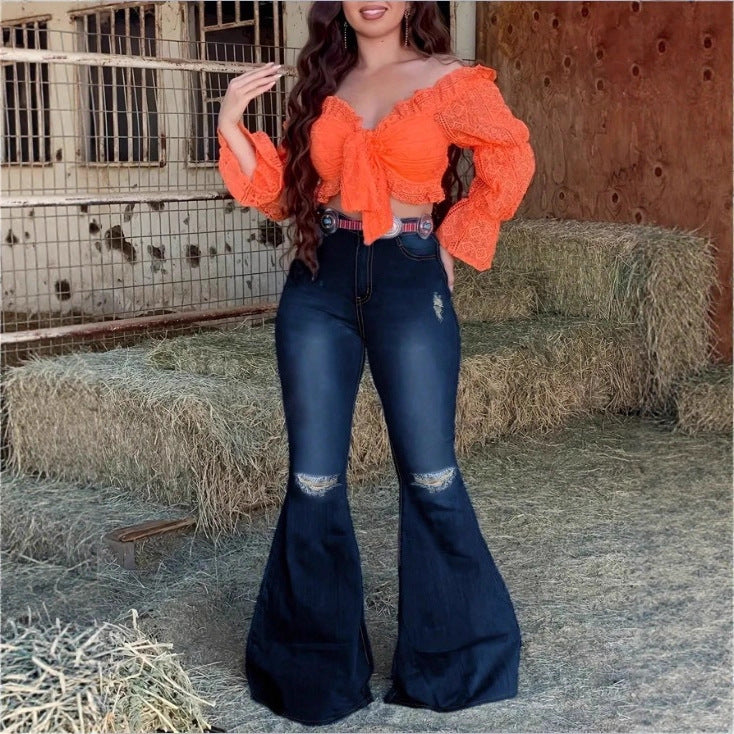 Women's High-Waisted Flared Jeans with Flared Leg, Knee Rips, and Figure-Enhancing Stretch Waistband Chichicherry