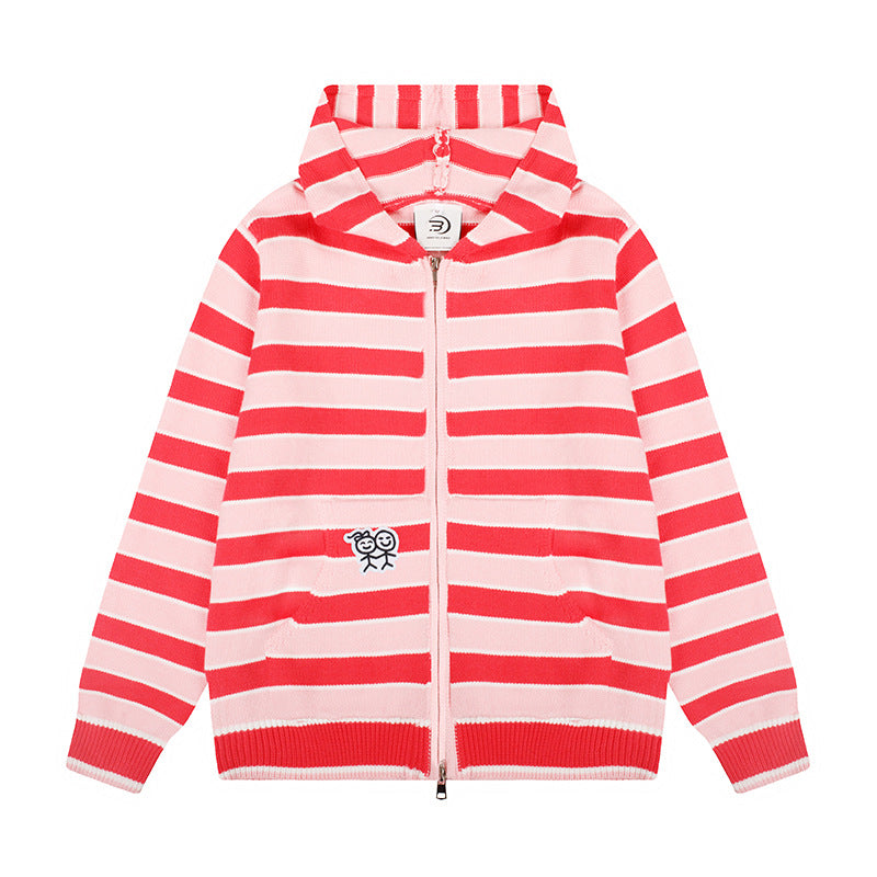 Women's hooded cardigan with full zip, striped texture, and Chichicherry embroidery detail
