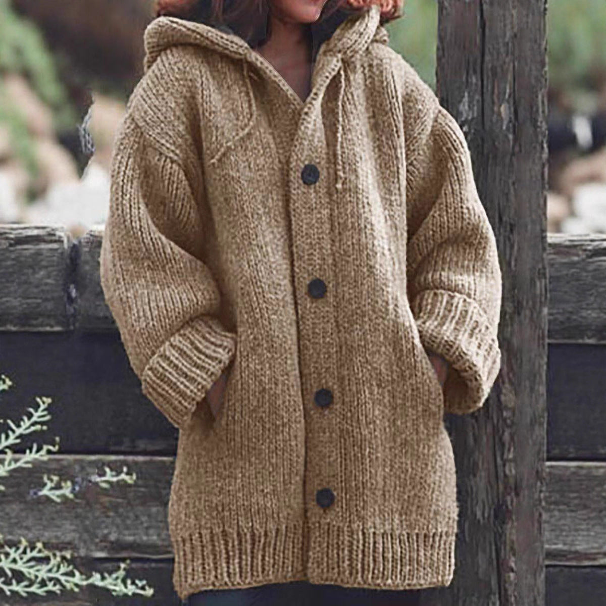 Women Long Slouchy Chunky Knit Coat Cardigan with Hood, Dropped Shoulder and Large Buttons Chichicherry