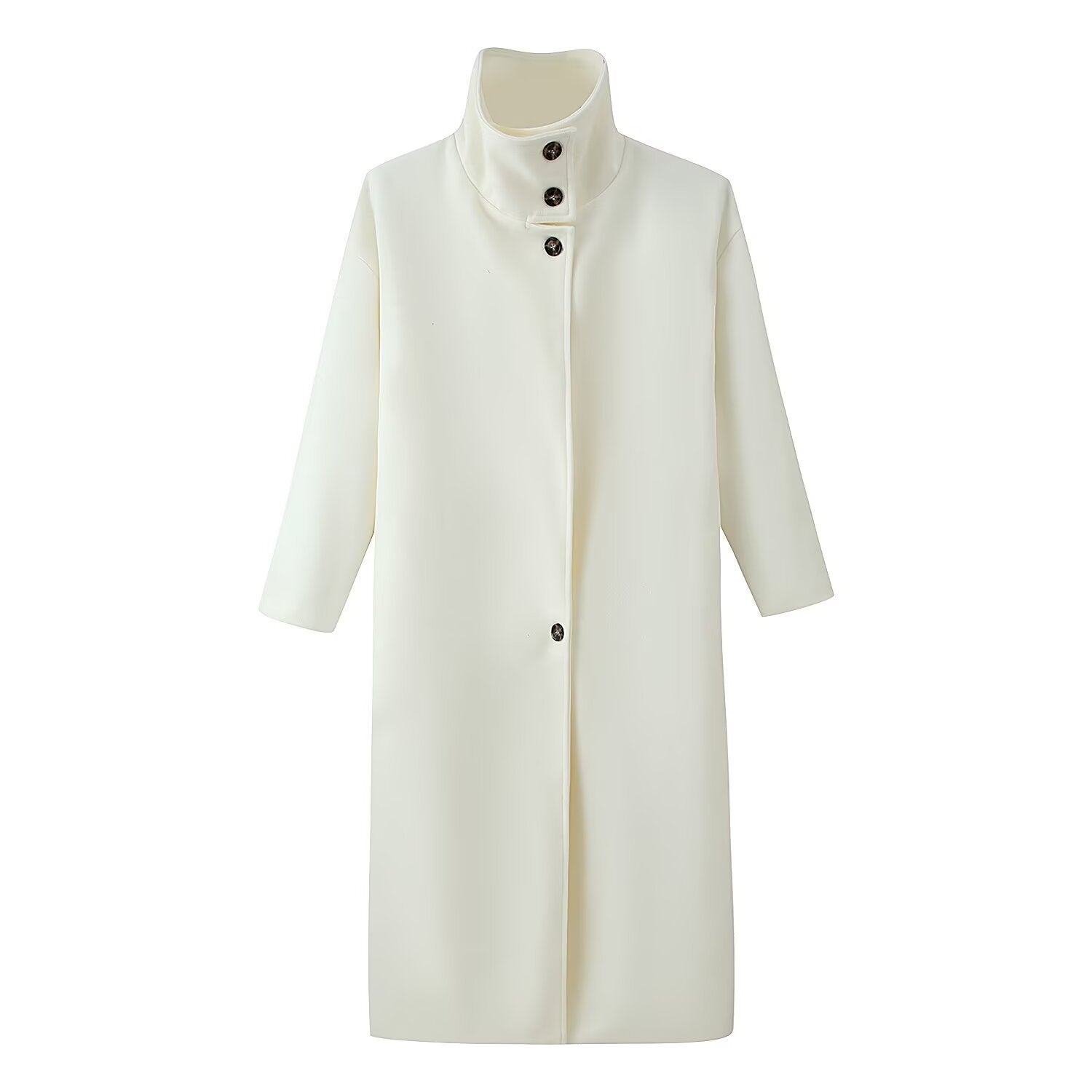 Women's Straight Midi-Length Coat with High Stand-Up Collar and Concealed Button Placket Chichicherry