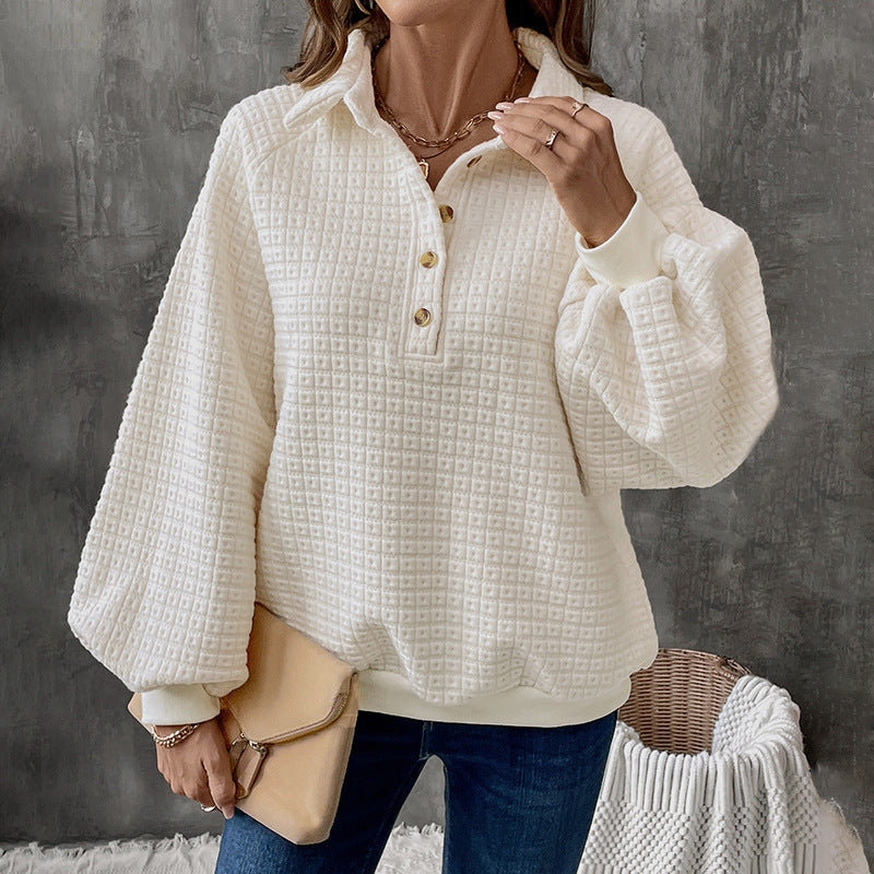 Women's Structured Waffle Knit Sweater with Polo Collar and Decorative Button Placket Chichicherry