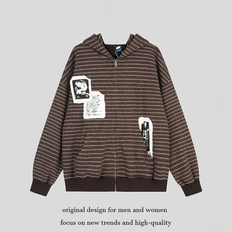 Unisex Hooded Zip Jacket in Oversized Striped Look with Photo Patch Applications Chichicherry