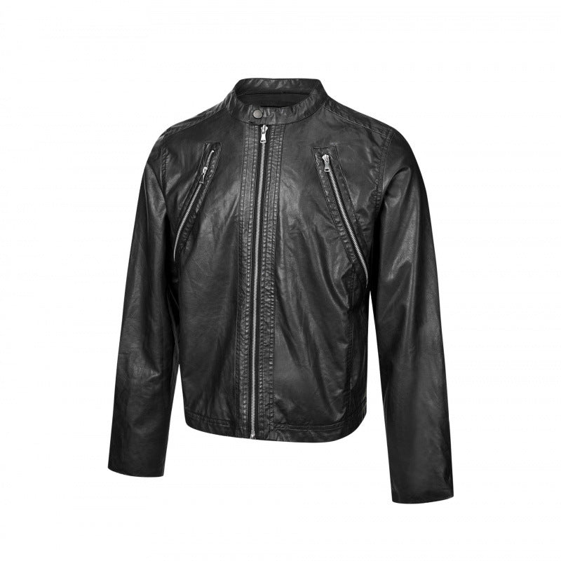 Men's leather jacket in biker style with stand-up collar and diagonal zipper pockets Chichicherry